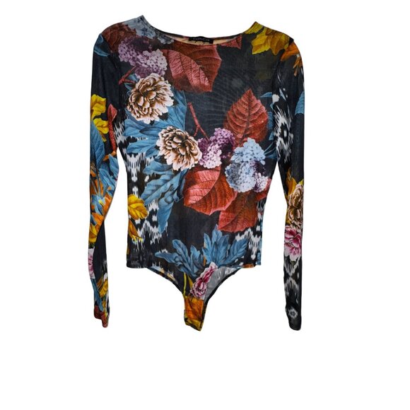 CQ By CQ Floral Long Sleeve Bodysuit Nylon/Spandex Large Sexy Sheer Stretch Cute - Picture 2 of 6